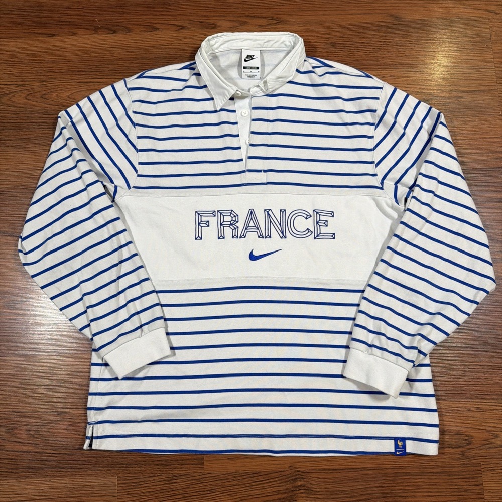 Nike France FFF Long Sleeve Rugby Shirt Jersey Striped White Blue Men's Size M